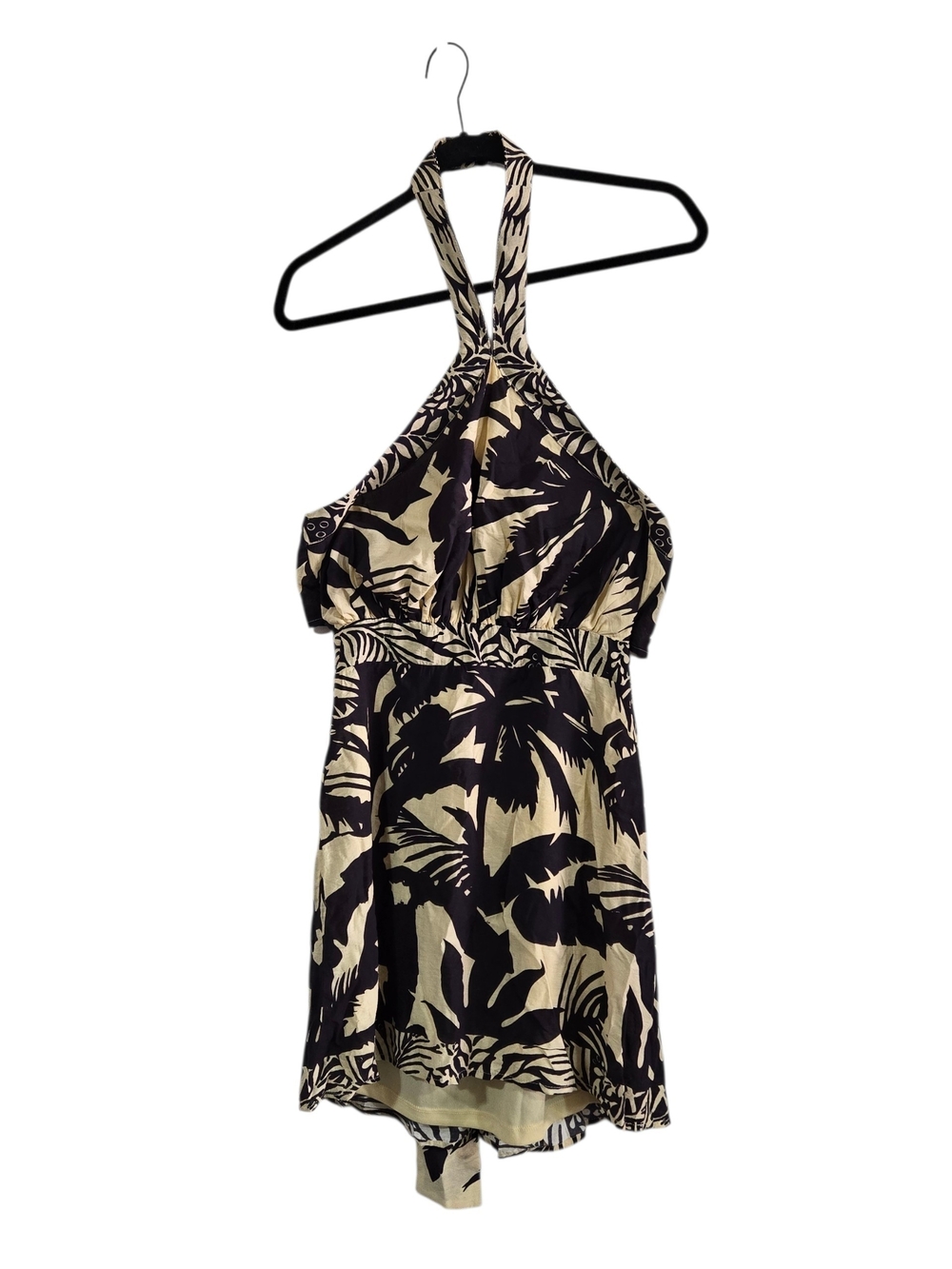 Shoe Fly Halter Neck Viscose Tie Back Printed Mini Dress in Black & Cream New M